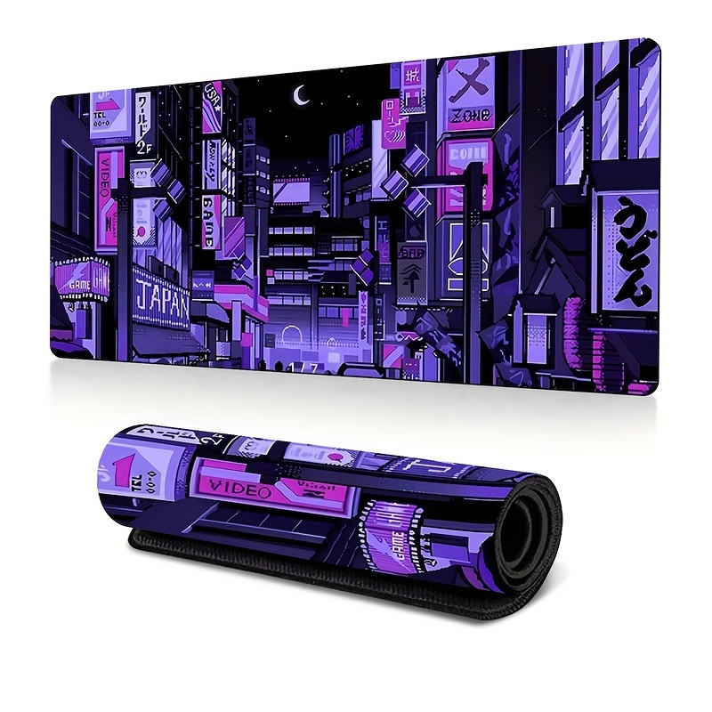 Retro Gaming Desk Setup - XXL Tokyo Street Desk Mat,Vibrant Purple