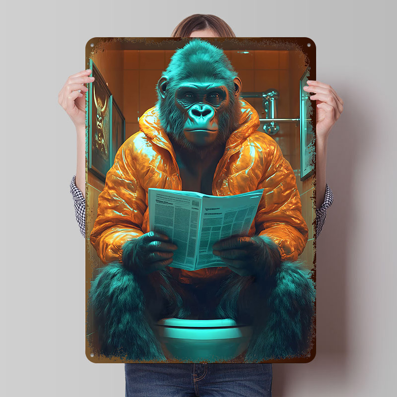 Retro Gaming On - Gorilla Reading on Toilet Tinplate Posters