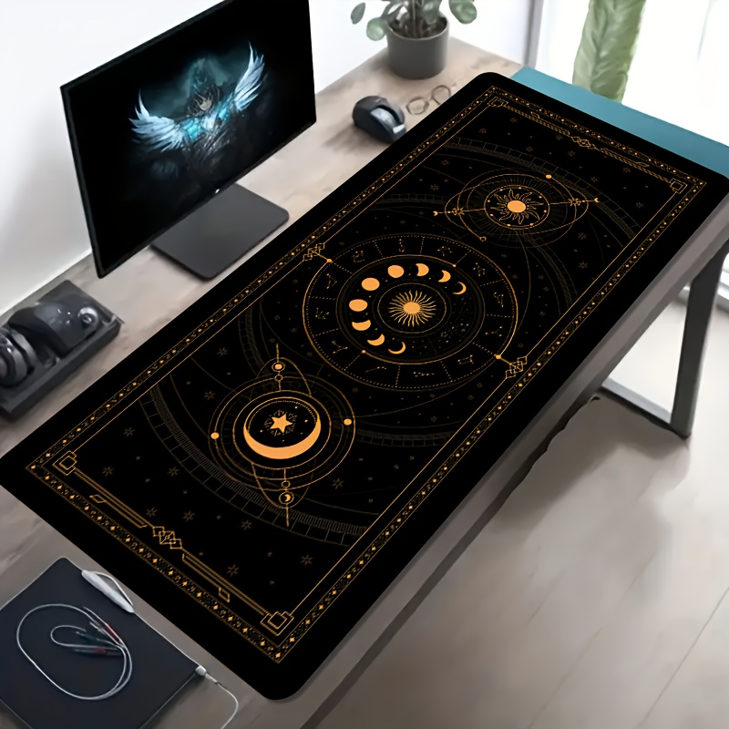 Retro Gaming Desk Setup - Golden Retro Zodiac Astrology Desk Mat